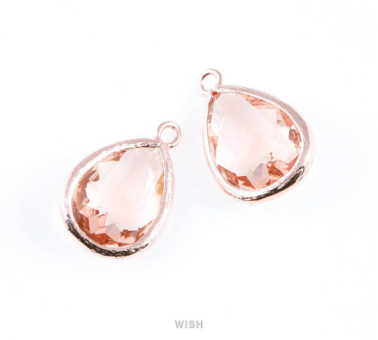 Peach Teardrop Glass Charm in Rose Gold, Framed Drop Glass Gem / GPCRG-005-P
