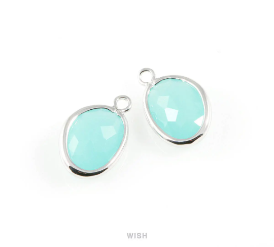 Ocean Blue Pear Glass Charm in Rhodium, Glass Framed Pendant / GOBRH-040-P