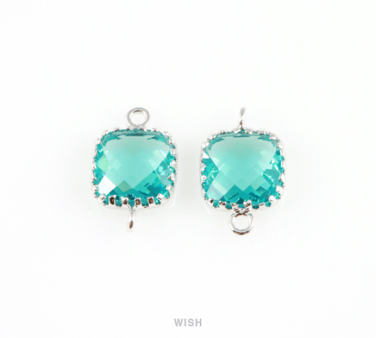 Blue Zircon Faceted Glass Connector in Rhodium, Framed Square Connector / GBZRH-007-P