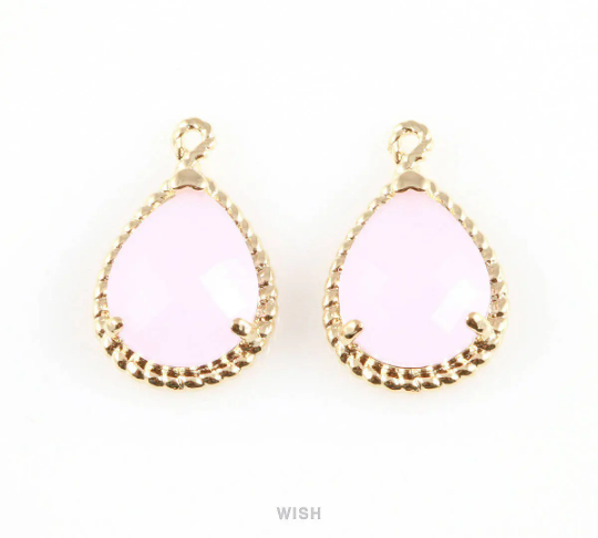 Rose Quartz Teardrop Glass Charm in Gold, Framed Drop Glass Gem/ GRQG-006-P