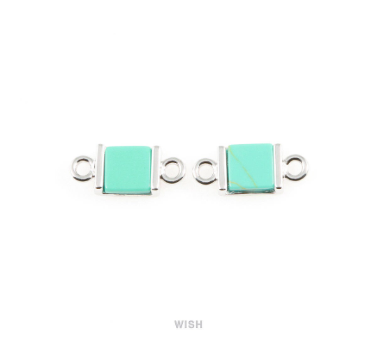 Turquoise Square Stone Charm in Rhodium, Gemstone Framed Pendant / STQRH-057-P
