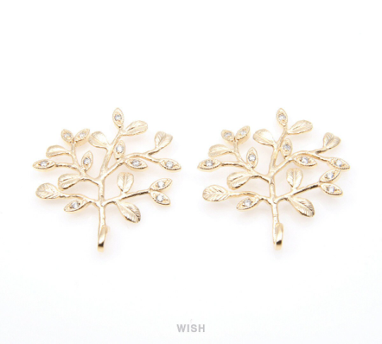 Leaves and Branch with Cubic Zirconia Pendant in Matte Gold, Tree Charm / MMG-259-P