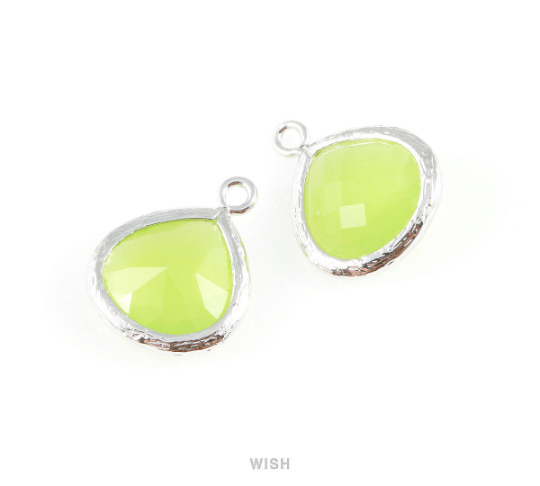 Peridot Faceted Glass Charm in Gold, Framed Drop Glass Bead / GPDG-002-P (Medium)