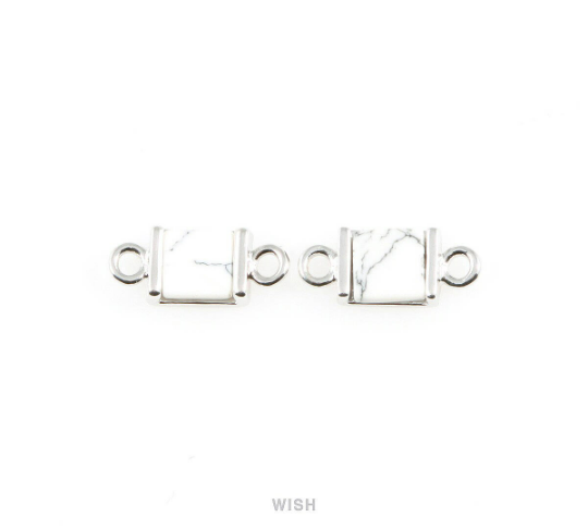 Howlite Square Stone Charm in Rhodium, Gemstone Framed Pendant/ SHTRH-057-P