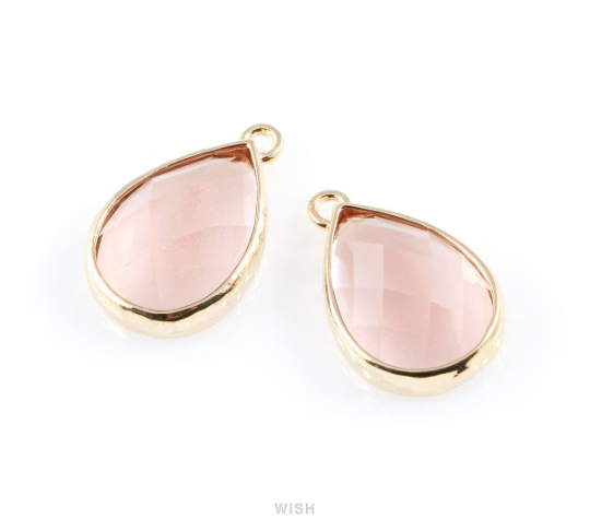 Peach Teardrop Glass Charm in Gold, Framed Drop Glass Gem / GPCG-037-P