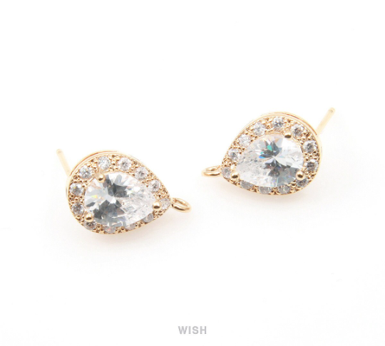 Teardrop Cubic Ear Post in Gold, 12 Sub Cubic Zirconia / CG-003-E