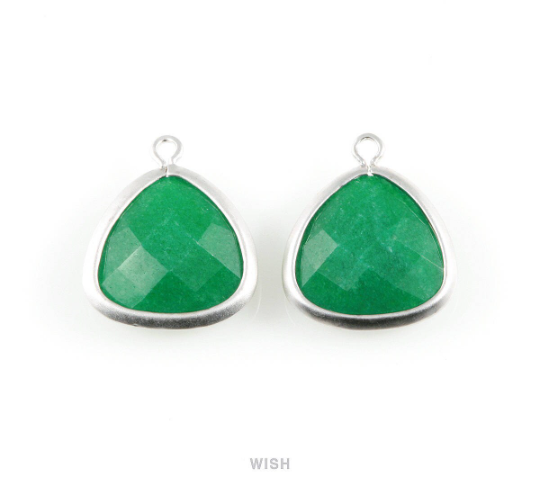 Palace Green Faceted Stone Charms in Matte Rhodium, Framed Triangle Pendants / SPGMRH-029-C