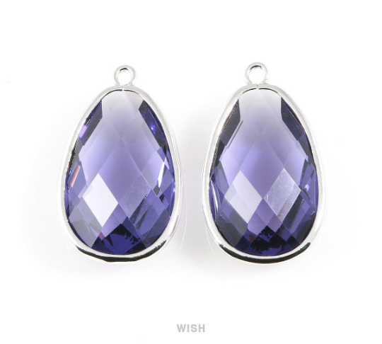 Amethyst Oval Glass Charm in Rhodium, Glass Framed Pendant / GTZRH-045-P