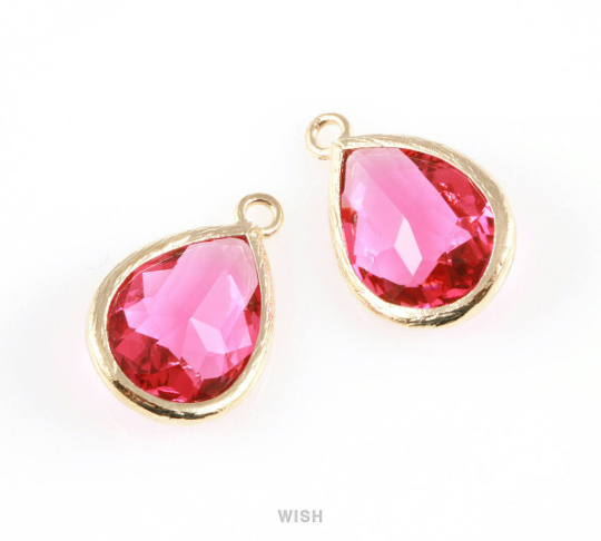 Ruby Teardrop Glass Charm in Gold, Framed Drop Glass Gem /GRBG-005-P