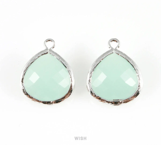 Alice Blue Faceted Glass Charm in Rhodium, Framed Drop Glass Bead / GABRH-001-P (Large)