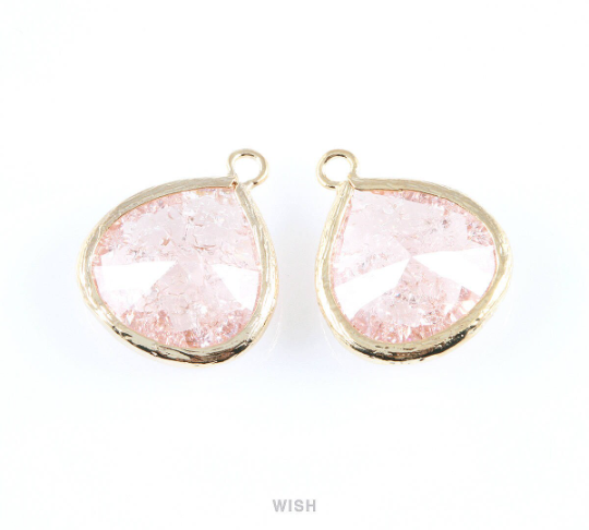 Peach Sparkle Glass Charm in Gold, Framed Drop Glass Bead / GPCG-012-P