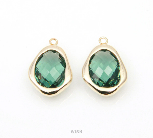 Green Tourmaline Faceted Glass Charms in Gold, Framed Teardrop Pendant / GGTG-085-P