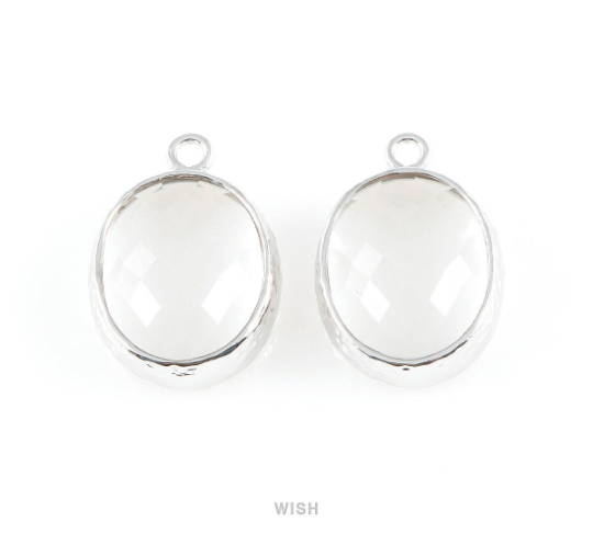 Clear Faceted Glass Charms in Rhodium, Framed Oval Pendant / GCLRH-009-P