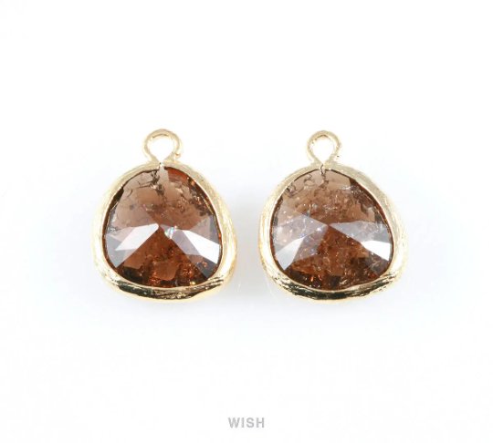 Smokey Quartz Sparkle Glass Charm in Gold, Framed Drop Glass Bead / GSQG-013-P