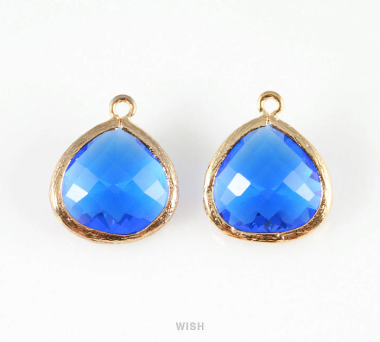 Cobalt Blue Faceted Glass Charm in Gold, Framed Drop Glass Bead / GCTG-001-P (Large)