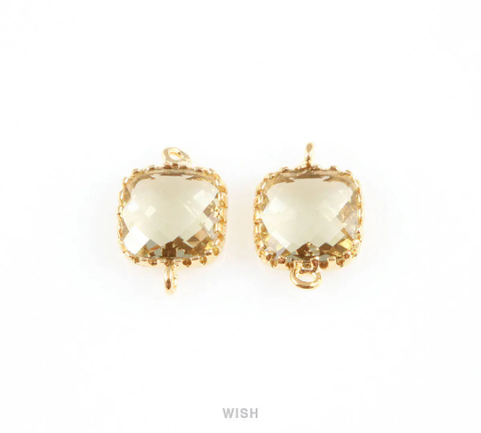 Olivine Faceted Glass Connector in Gold, Framed Square Connector / GOVG-007-P