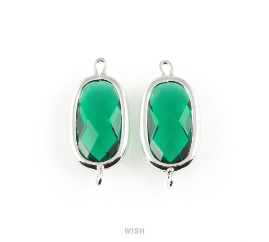 Emerald Oval Glass Connector in Rhodium, Framed Oval Connector / GEMRH-035-C