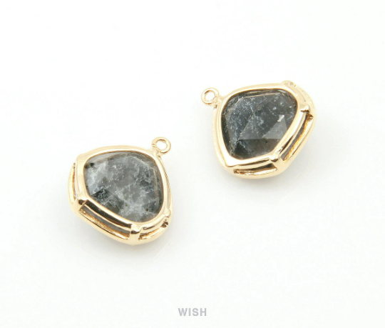 Black Marble Faceted Gemstone Charm in Gold, Framed Pear Gemstone Pendant / SBMG-084-P