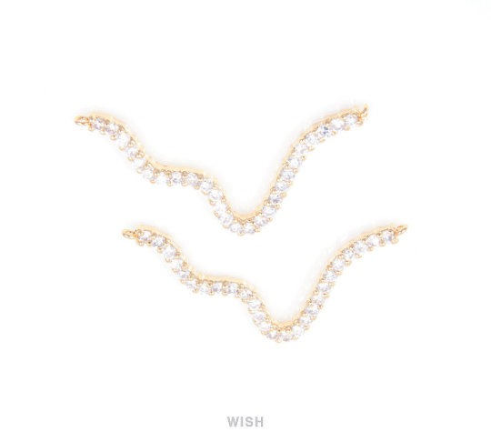 Cubic Zirconia Wave Necklace Pendants in Gold, Cubic Zirconia Necklace Charms / CG-026-P (1 piece)