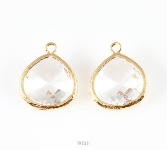 Clear Faceted Glass Charm in Gold, Framed Drop Glass Bead / GCLG-001-P
