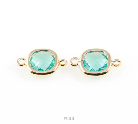 Aquamarine Faceted Glass Connector in Gold, Square Framed Connector / GAQG-041-P