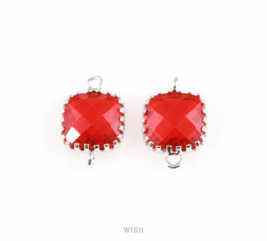 Garnet Faceted Glass Connector in Rhodium, Framed Square Connector / GGNRH-007-P