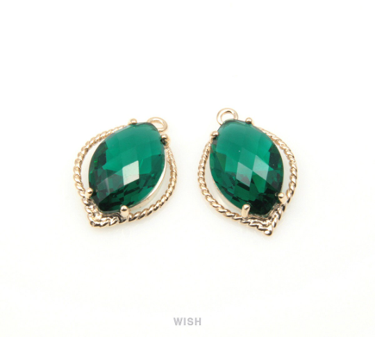 Emerald Marquise Glass Charm in Gold, Framed Drop Glass Gem / GEMG-095-P