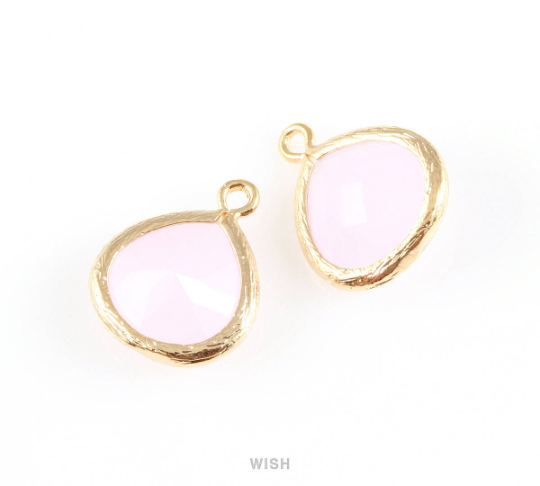 Rose Quartz Faceted Glass Charm in Gold, Framed Drop Glass Bead / GRQG-002-P (Medium)