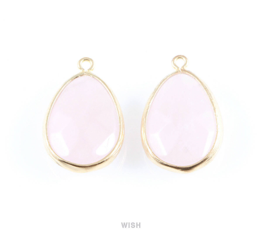 Rose Quartz Synthetic Stone Charms in Matte Gold, Framed Teardrop Pendant / SRQMG-010-P