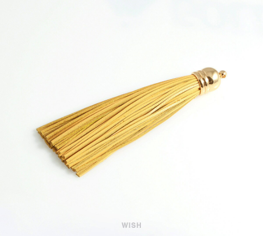 Yellow Leather Tassel with Bell Cap in Gold, Yellow Cowhide Tassel /LYWG-006-T (1 piece)