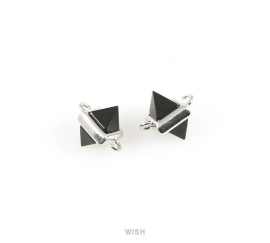 Jet Pyramid Stone Charm in Rhodium, Gemstone Framed Pendant / SJTRH-050-P