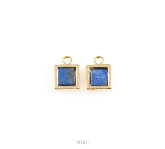 Lapis Lazuli Square Stone Charm in Gold, Gemstone Framed Pendant / SLLG-049-P