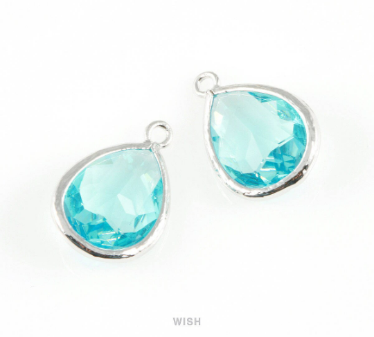 Aquamarine Teardrop Glass Charm in Rhodium, Framed Drop Glass Gem /GAQRH-005-P