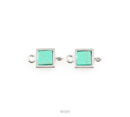 Turquoise Square Stone Charm in Rhodium, Gemstone Framed Connector / STQRH-049-C2
