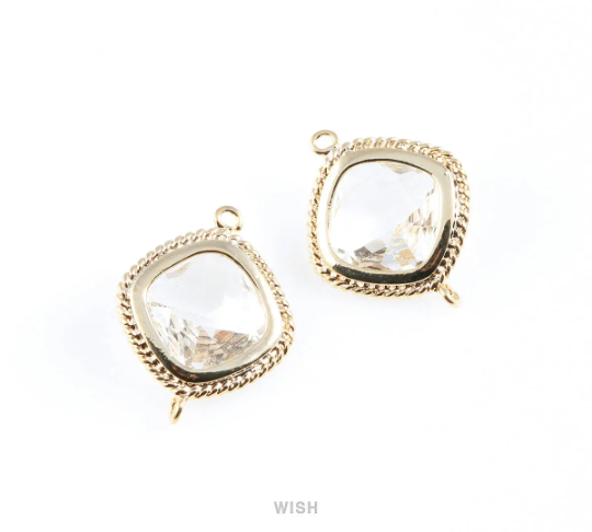 Clear Diamond Shape Connectors in Gold, Framed Diamond Charms / GCLG-033-P