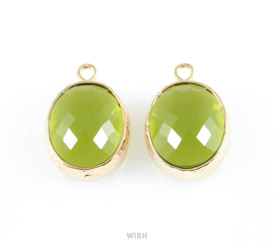 Dark Apple Faceted Glass Charms in Gold, Framed Oval Pendant / GDAG-009-P