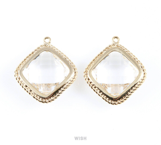 Clear Diamond Shape Pendants in Gold, Framed Diamond Charms / GCLG-032-P