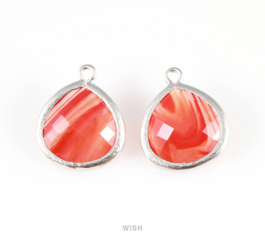 Red Marble Faceted Glass Charm in Rhodium, Framed Drop Glass Bead / GRMRH-001-P (Large)
