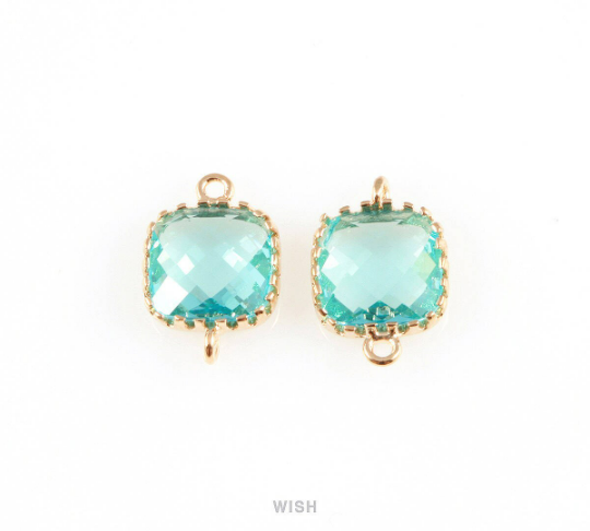 Aquamarine Faceted Glass Connector in Gold, Framed Square Connector/ GAQG-007-P