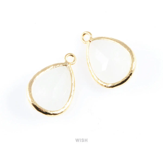 White Alabaster Teardrop Glass Charm in Gold, Framed Drop Glass Gem / GWAG-005-P