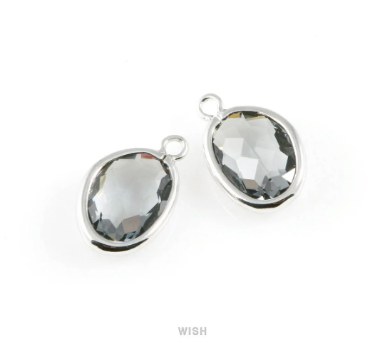 Gray Pear Glass Charm in Rhodium, Glass Framed Pendant /GGYRH-040-P