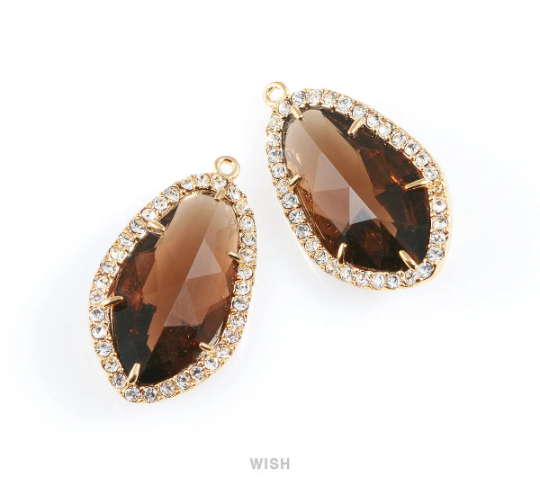 Briolette Smoky Quartz Glass with Rheinstone in Gold, Framed Pendant / GSQG-043-P