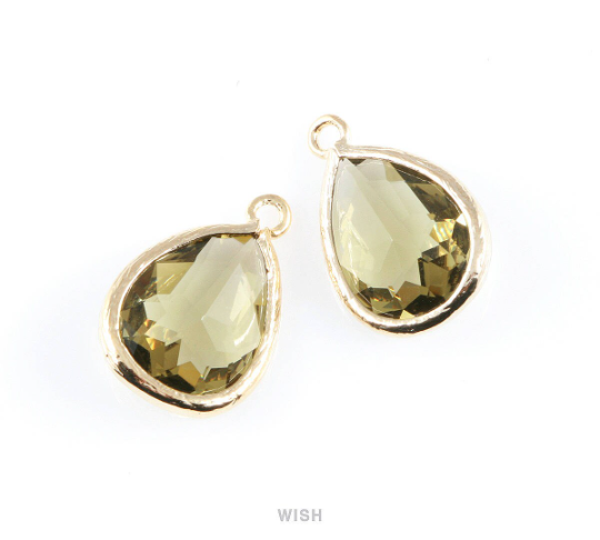 Olivine Teardrop Glass Charm in Gold, Framed Drop Glass Gem / GOVG-005-P