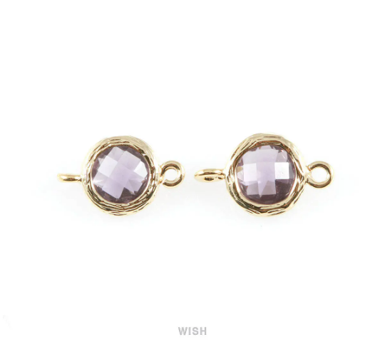 Amethyst faceted Glass Connector in Gold, Framed Round Glass Bead/ GTZG-015-P