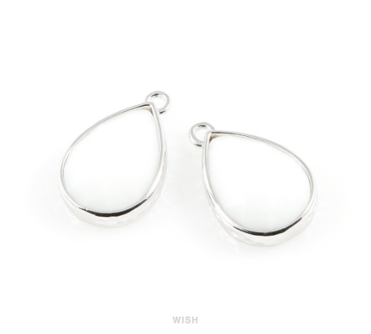White Alabaster Teardrop Glass Charm in Rhodium, Framed Drop Glass Gem / GWARH-037-P