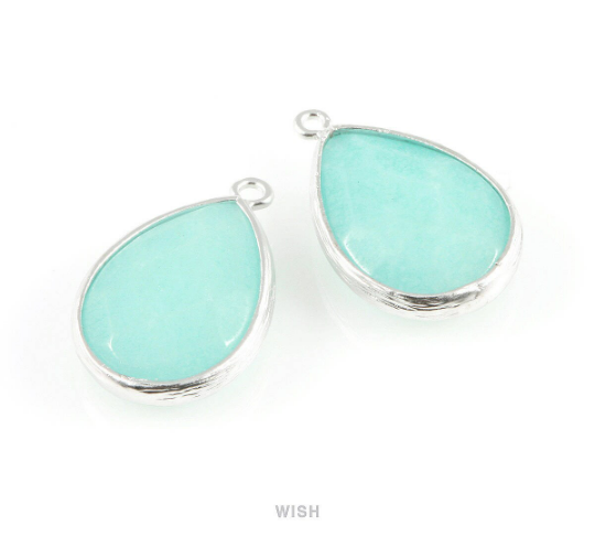 Mint Synthetic Stone Charms in Matte Rhodium, Framed Teardrop Pendant / SMTMRH-010-P