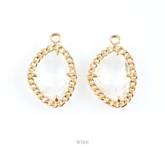 Clear Triangle Shape Pendants in Gold, Framed Triangle Charms / GCLG-034-P