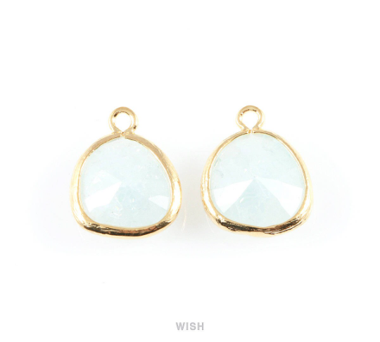 Alice Blue Sparkle Glass Charm in Gold, Framed Drop Glass Bead / GABG-013-P