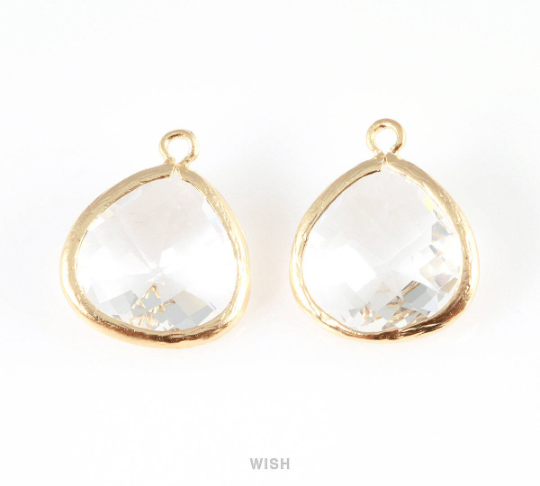 Clear Faceted Glass Charm in Matte Gold, Framed Drop Glass Bead / GCLMG-001-P (Large)