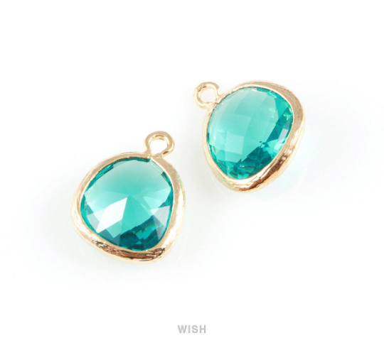 Blue Zircon Faceted Glass Charm in Gold, Framed Drop Glass Gem / GBZG-004-P (Medium)